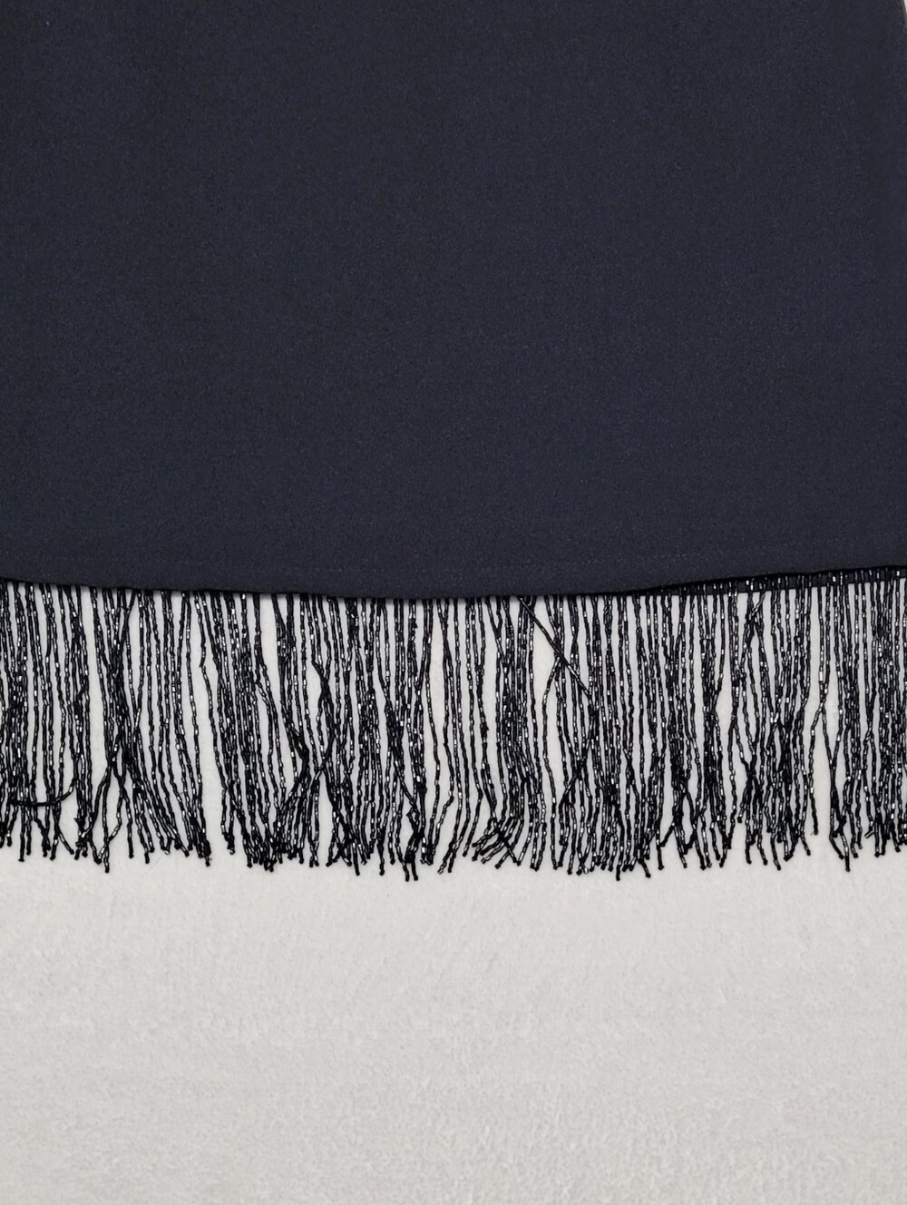 Punk 80s Vintage Rapture Black Crepe Bold Beaded Fringe High Waisted Mini Skirt - Picture 4 of 9
